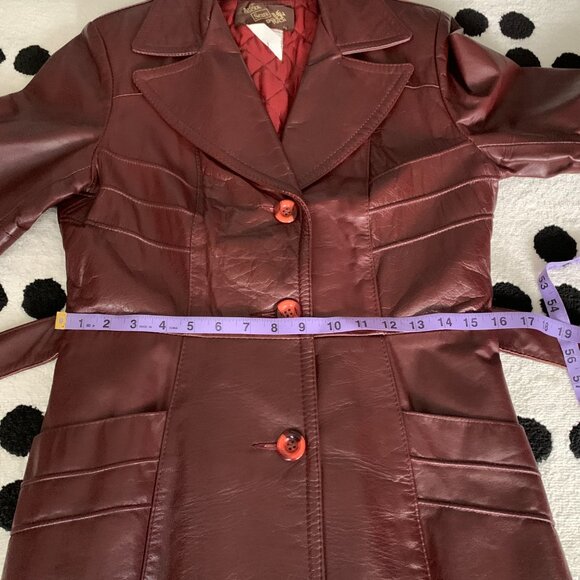 Vintage 70s Sears Burgundy Leather Quilt Lined Belted Blazer Jacket Trench Coat - Picture 15 of 16
